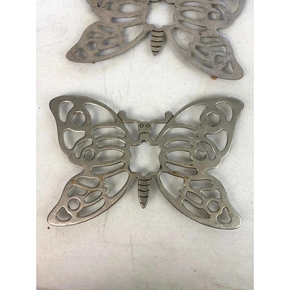 Vintage Metal Butterfly Trivets Silver Tone Openwork 10.5